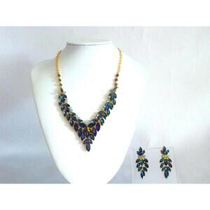 Navy blue rhinestone necklace set, wedding MOB prom party evening necklace set